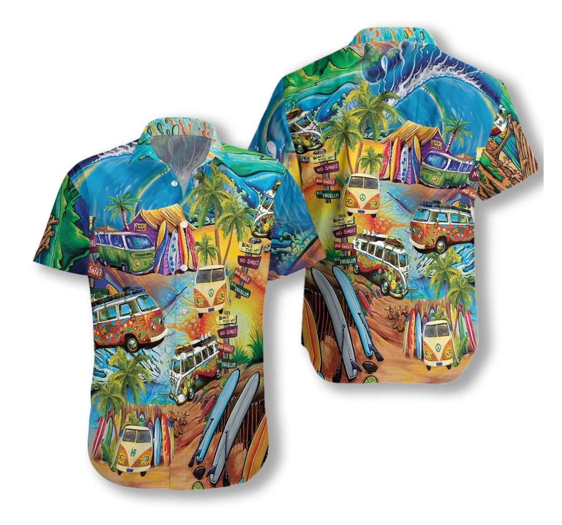 Hippie Bus Hawaiian Shirt, Button Up Aloha Shirt For Men, Women