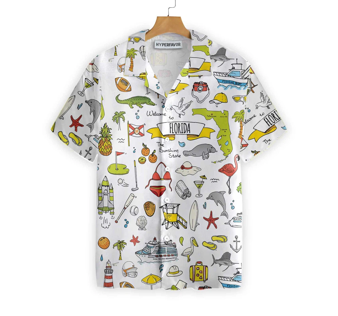 Florida In Hand Drawn Doodle Style Usa Hawaiian Shirt, Button Up Aloha Shirt For Men, Women