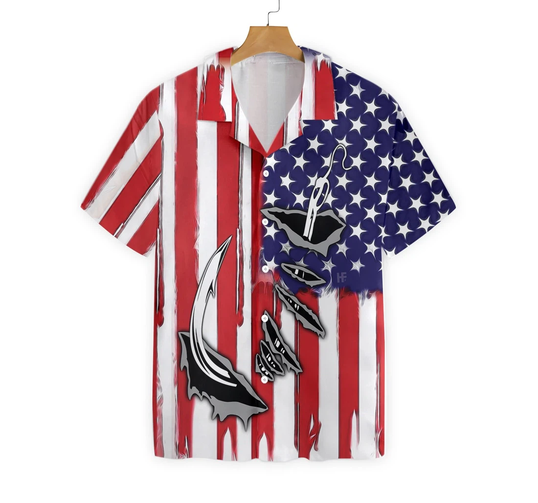 Fish Hook American Flag Hawaiian Shirt, Button Up Aloha Shirt For Men, Women