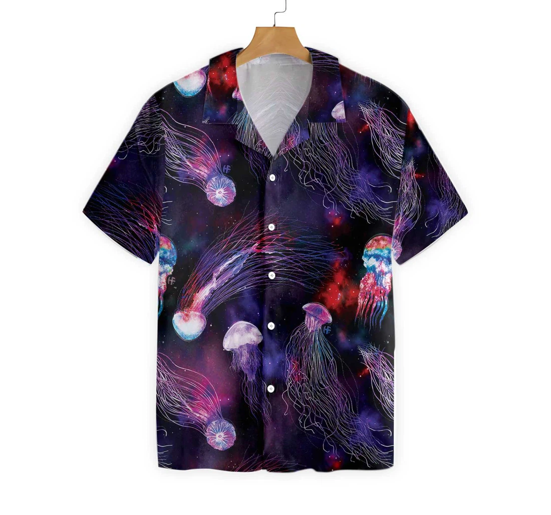 Bright Night Galaxy With Jellyfishes Hawaiian Shirt, Button Up Aloha Shirt For Men, Women