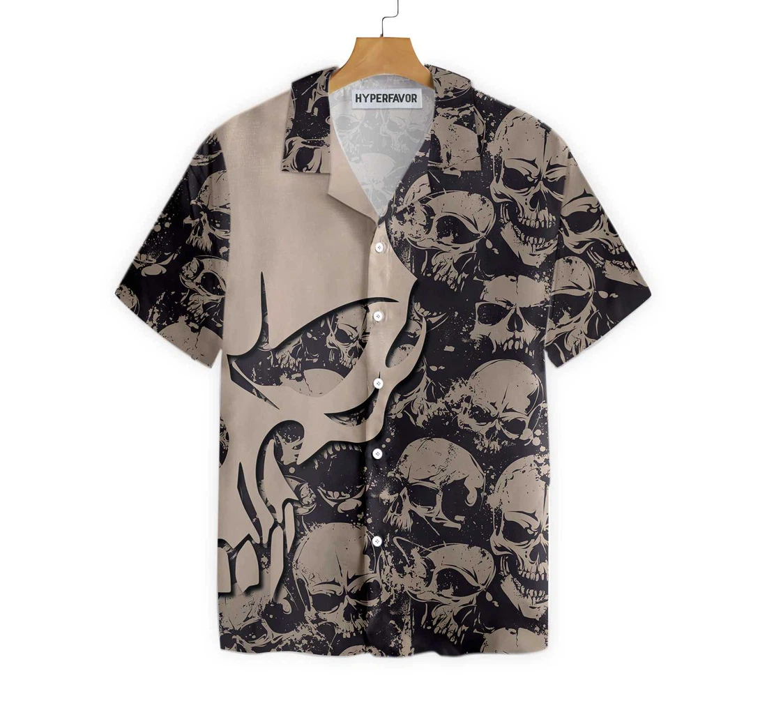 Gothic Winged Skull Black And White Skull Pattern Hawaiian Shirt, Button Up Aloha Shirt For Men, Women