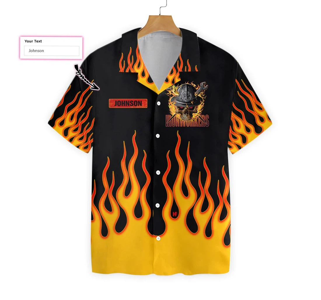 Skull Flame Ironworker Custom Hawaiian Shirt, Button Up Aloha Shirt For Men, Women