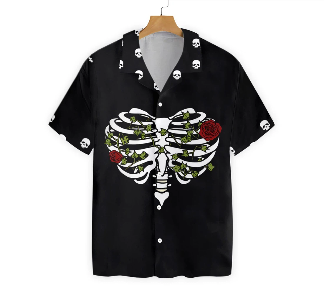 Rib Cage Heart Style With Rose Goth Hawaiian Shirt, Button Up Aloha Shirt For Men, Women