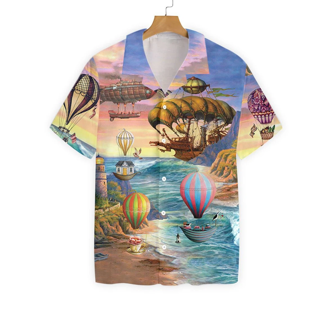 Air Balloon Steampunk Hawaiian Shirt, Button Up Aloha Shirt For Men, Women