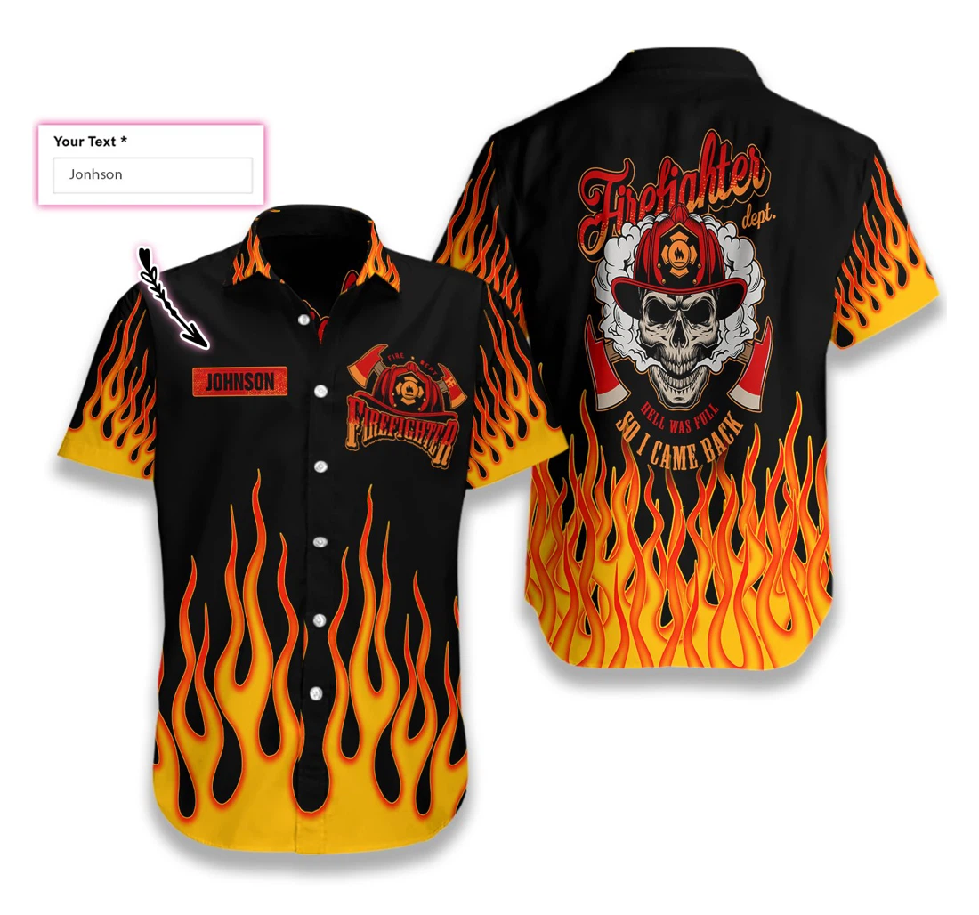 Skull Flame Firefighter Custom Personalized Came Black From Hell Firefighter Hawaiian Shirt, Button Up Aloha Shirt For Men, Women