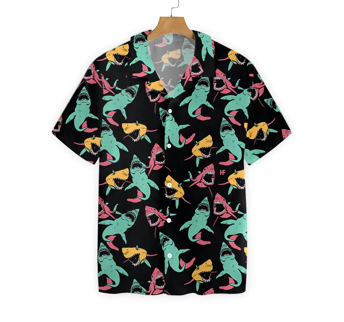 Shark Pattern Hawaiian Shirt, Button Up Aloha Shirt For Men, Women