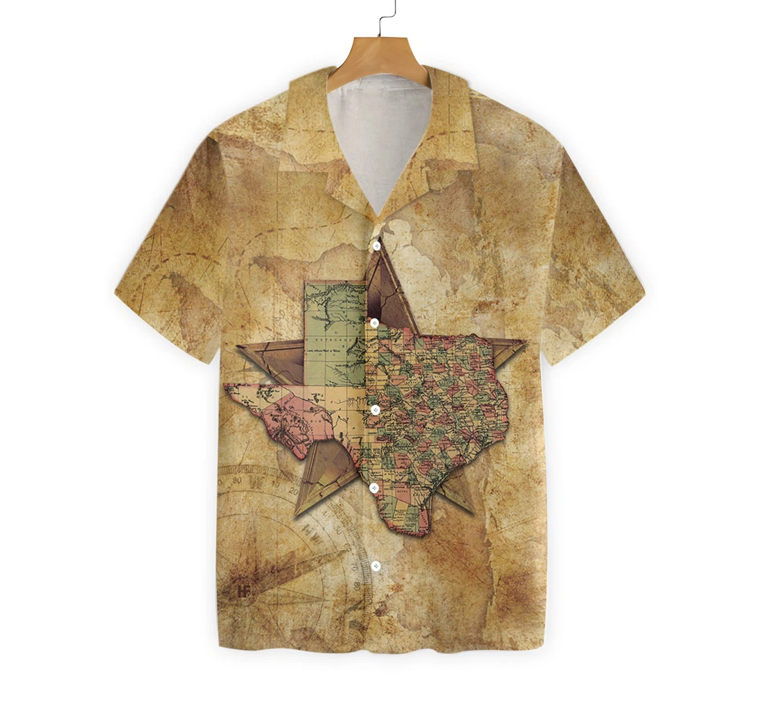 Texas State Map And Compass Pattern Insignia State Of Texas Texas Hawaiian Shirt, Button Up Aloha Shirt For Men, Women