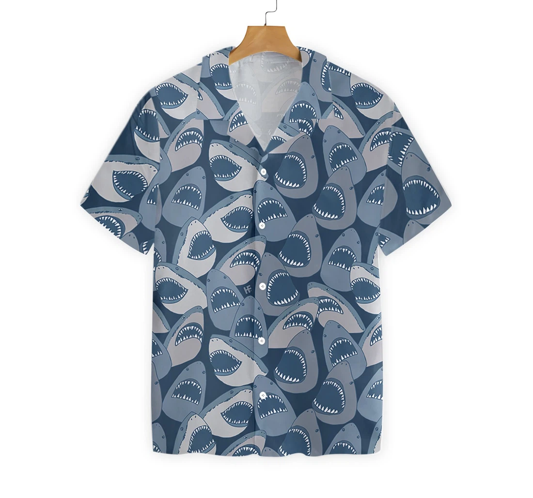 Shark Pattern Hawaiian Shirt, Button Up Aloha Shirt For Men, Women