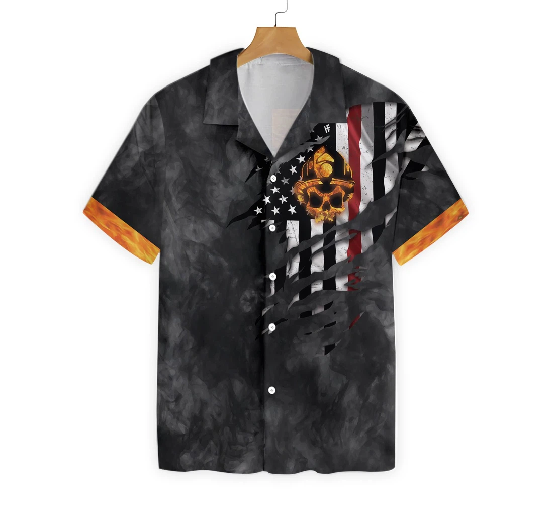 Firefighter Golden Skull And Ripped American Flag Firefighter Black And Gold Firefighter Hawaiian Shirt, Button Up Aloha Shirt For Men, Women