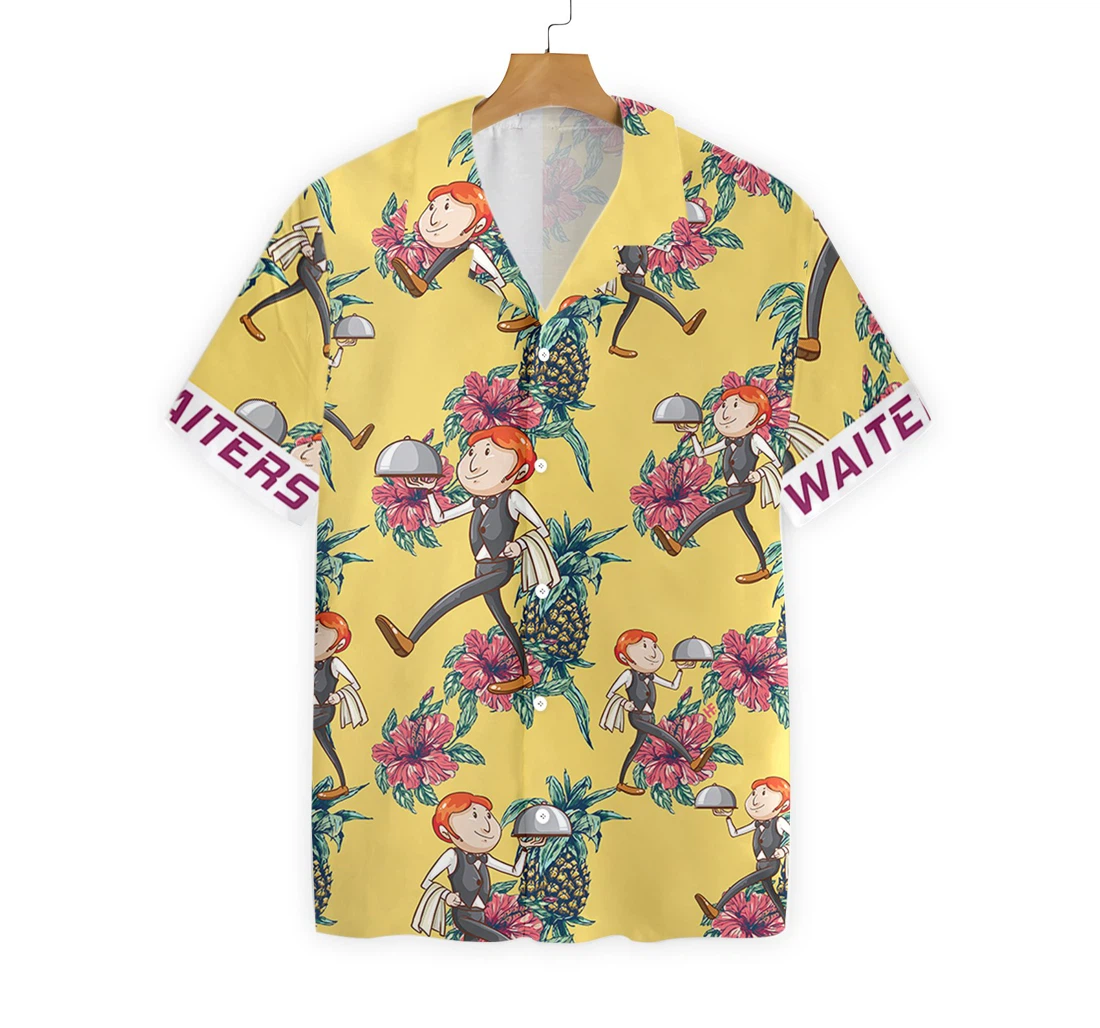 Waiters Pineapple Seamless Pattern Custom Hawaiian Shirt, Button Up Aloha Shirt For Men, Women