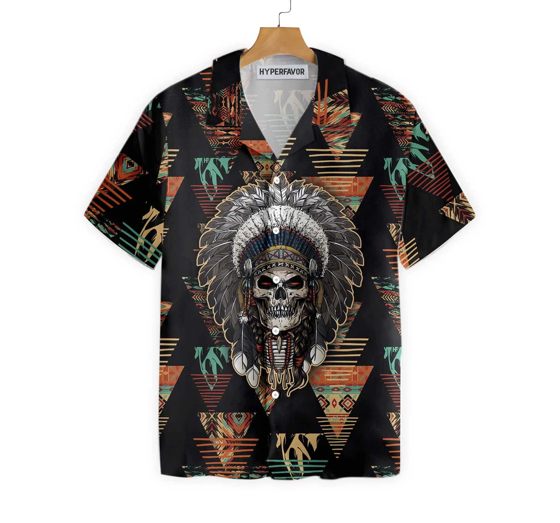 Indian Skull With Tribal Ethnic Pattern Hawaiian Shirt, Button Up Aloha Shirt For Men, Women