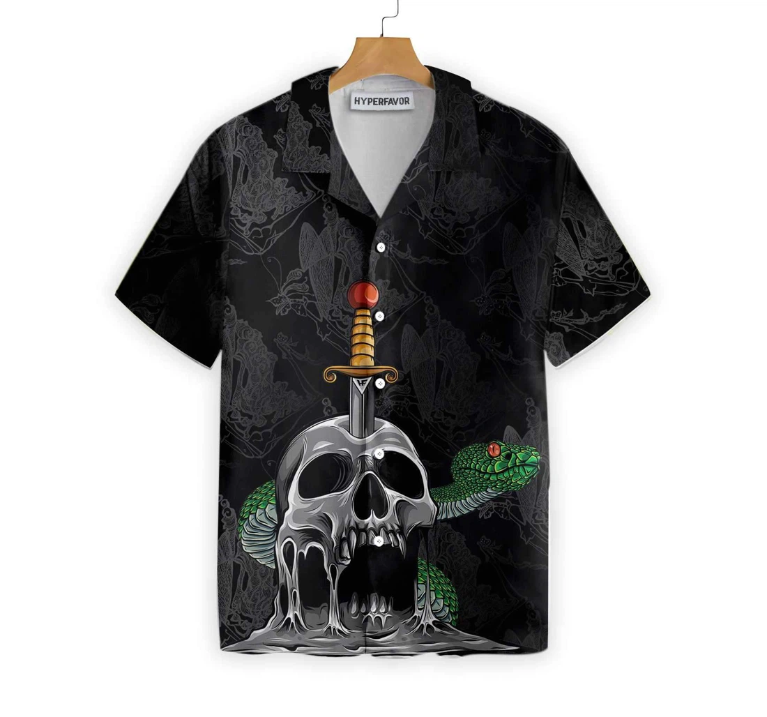 Skull & Snake Gothic Dark Sword Melted Black Skull Hawaiian Shirt, Button Up Aloha Shirt For Men, Women