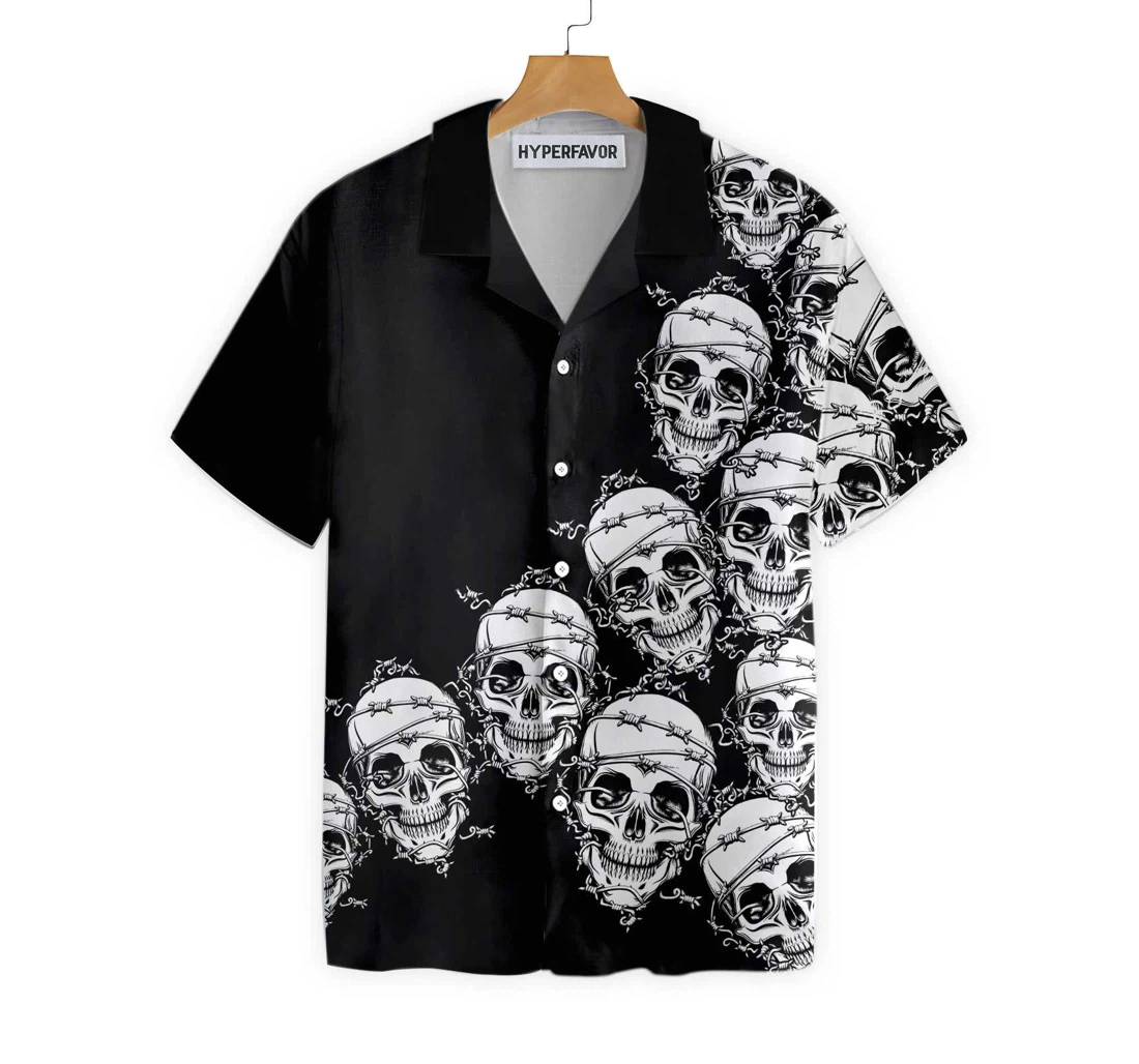 Skull In Barbed Wire Gothic Black Skull Goth Hawaiian Shirt, Button Up Aloha Shirt For Men, Women