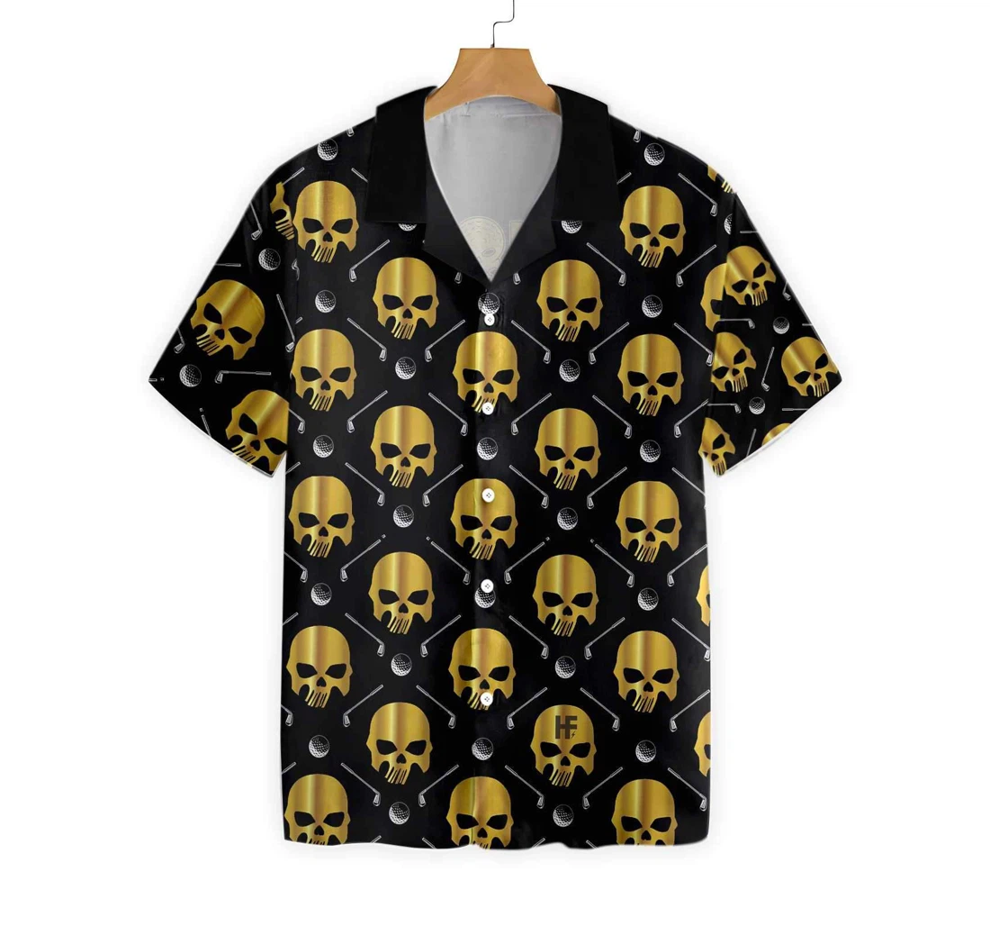 Golf And Golden Skull Pattern Hawaiian Shirt, Button Up Aloha Shirt For Men, Women