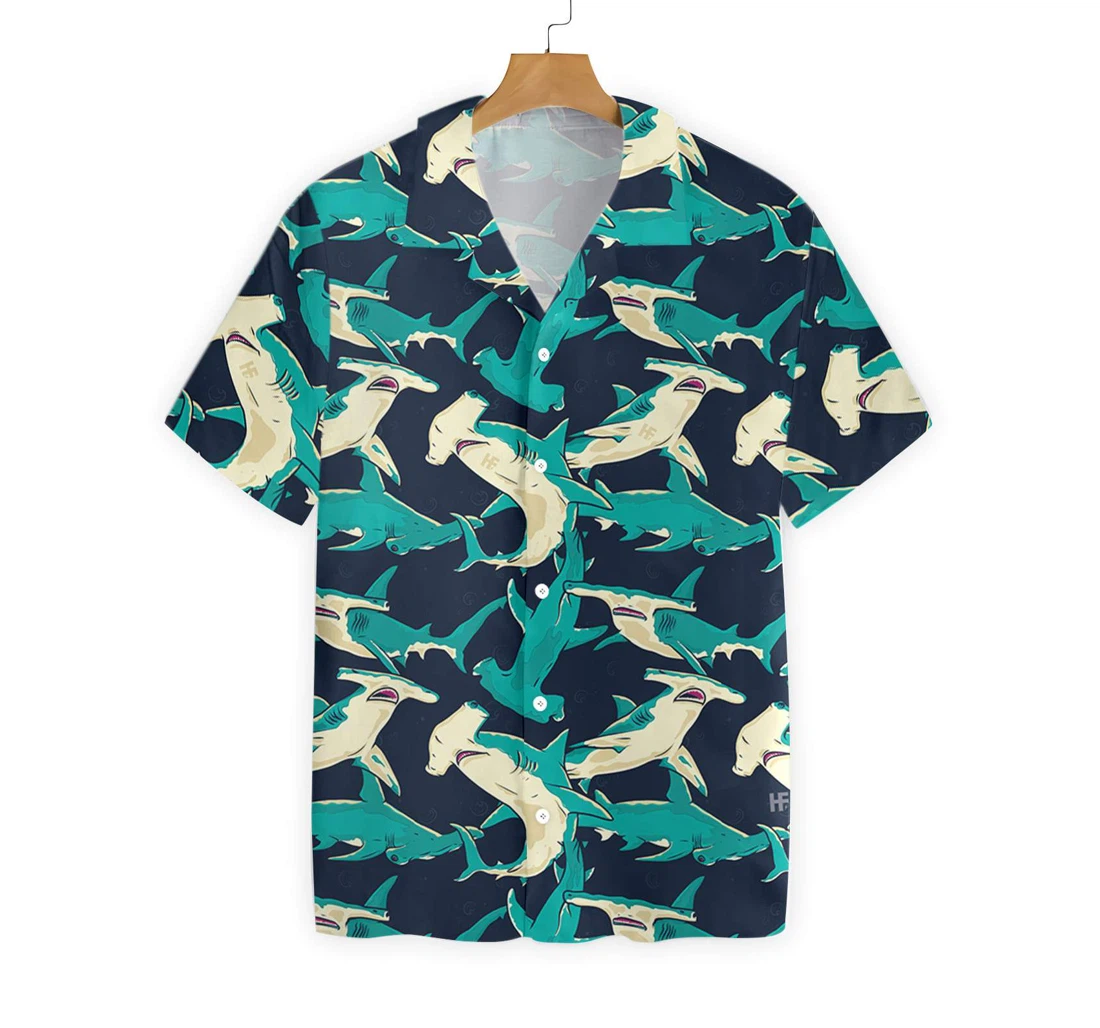 Hammerhead Shark Pattern Hawaiian Shirt, Button Up Aloha Shirt For Men, Women