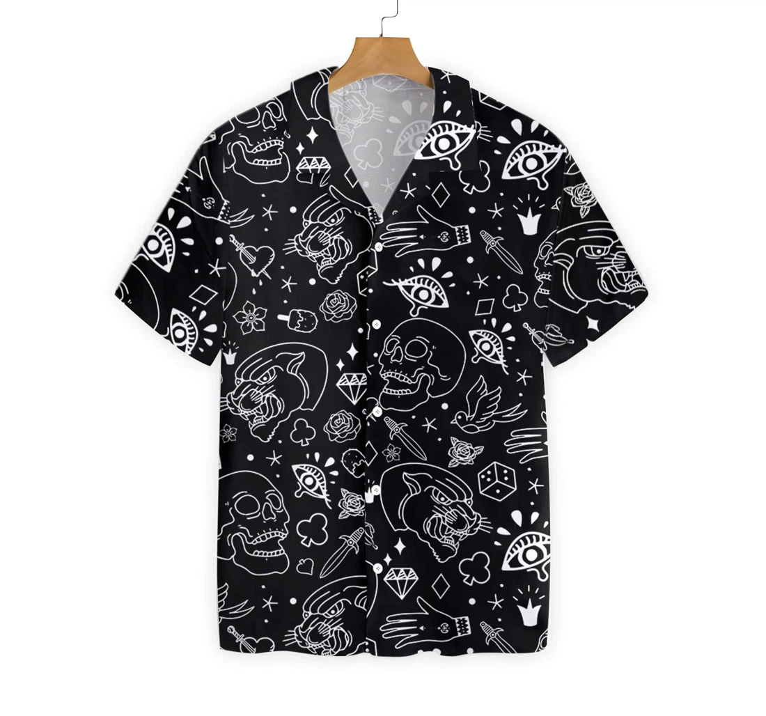 American Traditional Flash Tattoo Skull Hawaiian Shirt, Button Up Aloha Shirt For Men, Women