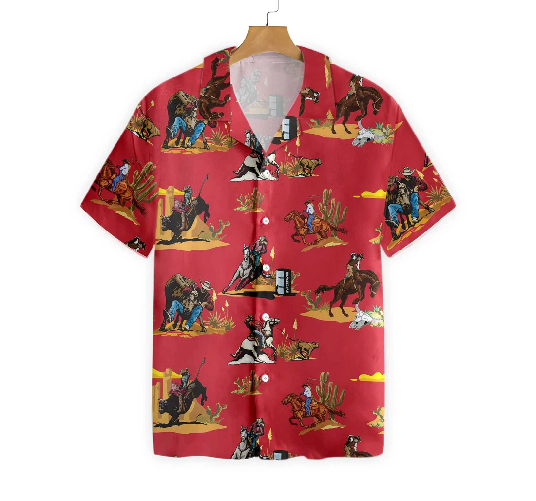 Rodeo Seamless Pattern Red Version, Texas Native Western Proud Texas Hawaiian Shirt, Button Up Aloha Shirt For Men, Women