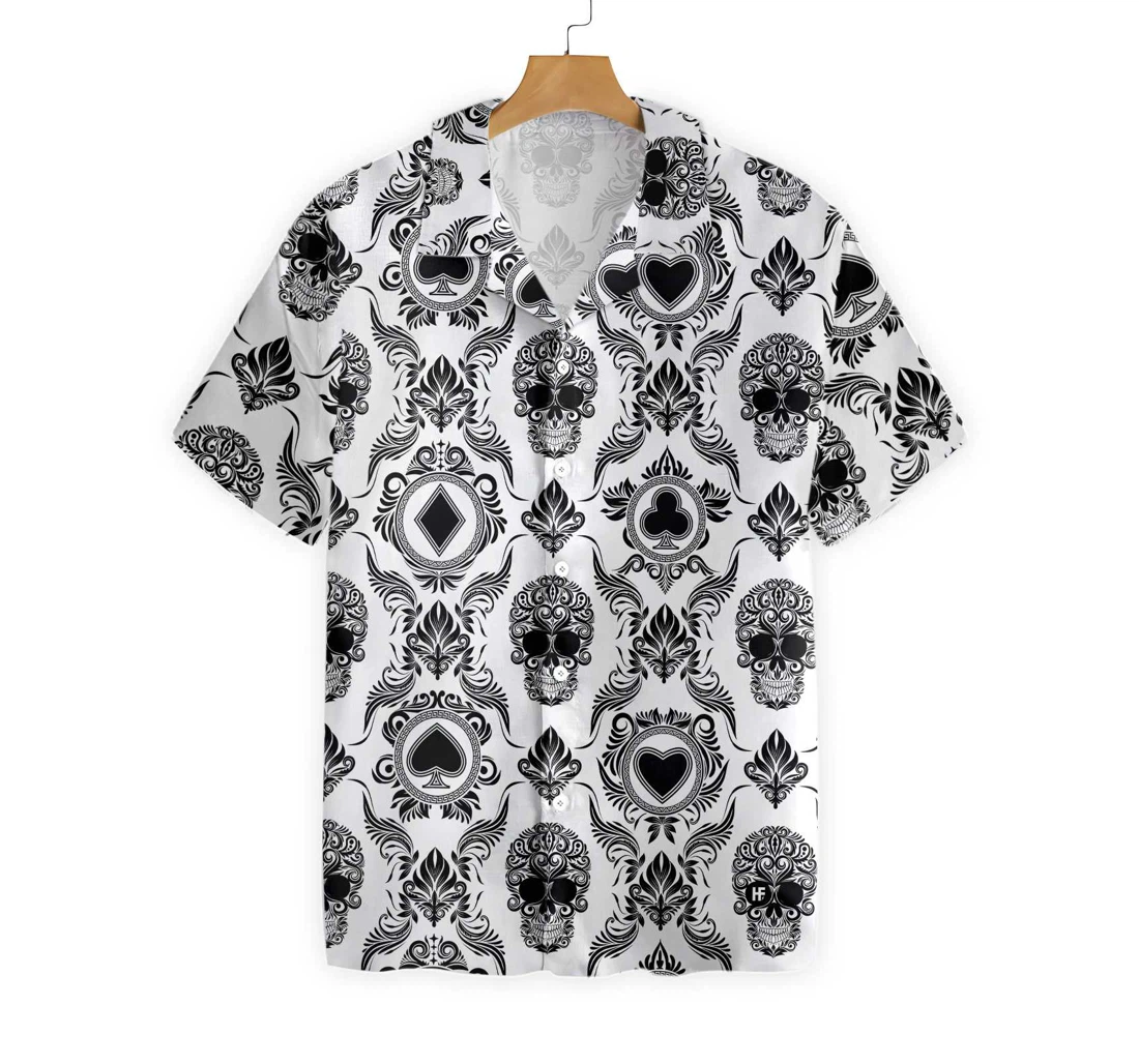 Casino And Black Skull Pattern Hawaiian Shirt, Button Up Aloha Shirt For Men, Women