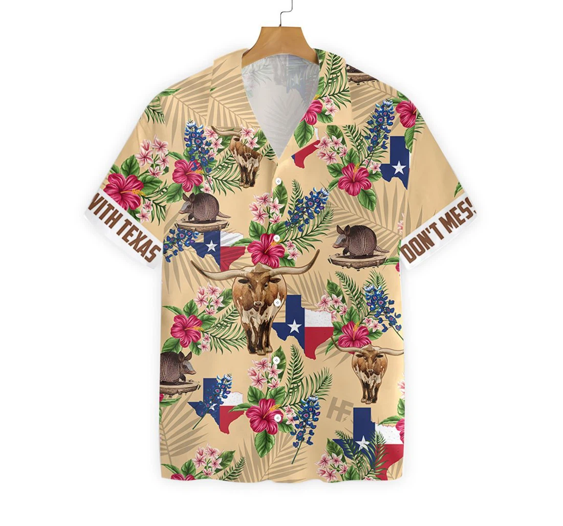 Insignia Bluebonnet Texas Cream Version, Don't Mess With Texas Armadillo And Longhorn, Texas Home Hawaiian Shirt, Button Up Aloha Shirt For Men, Women