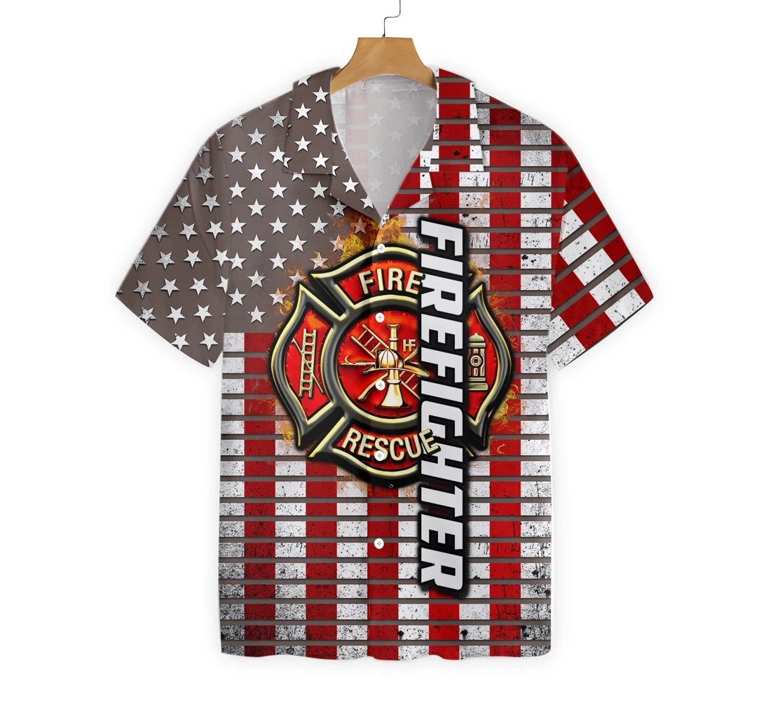 Firefighter Logo And Red American Flag Firefighter Horizontal Stripe Firefighter Hawaiian Shirt, Button Up Aloha Shirt For Men, Women