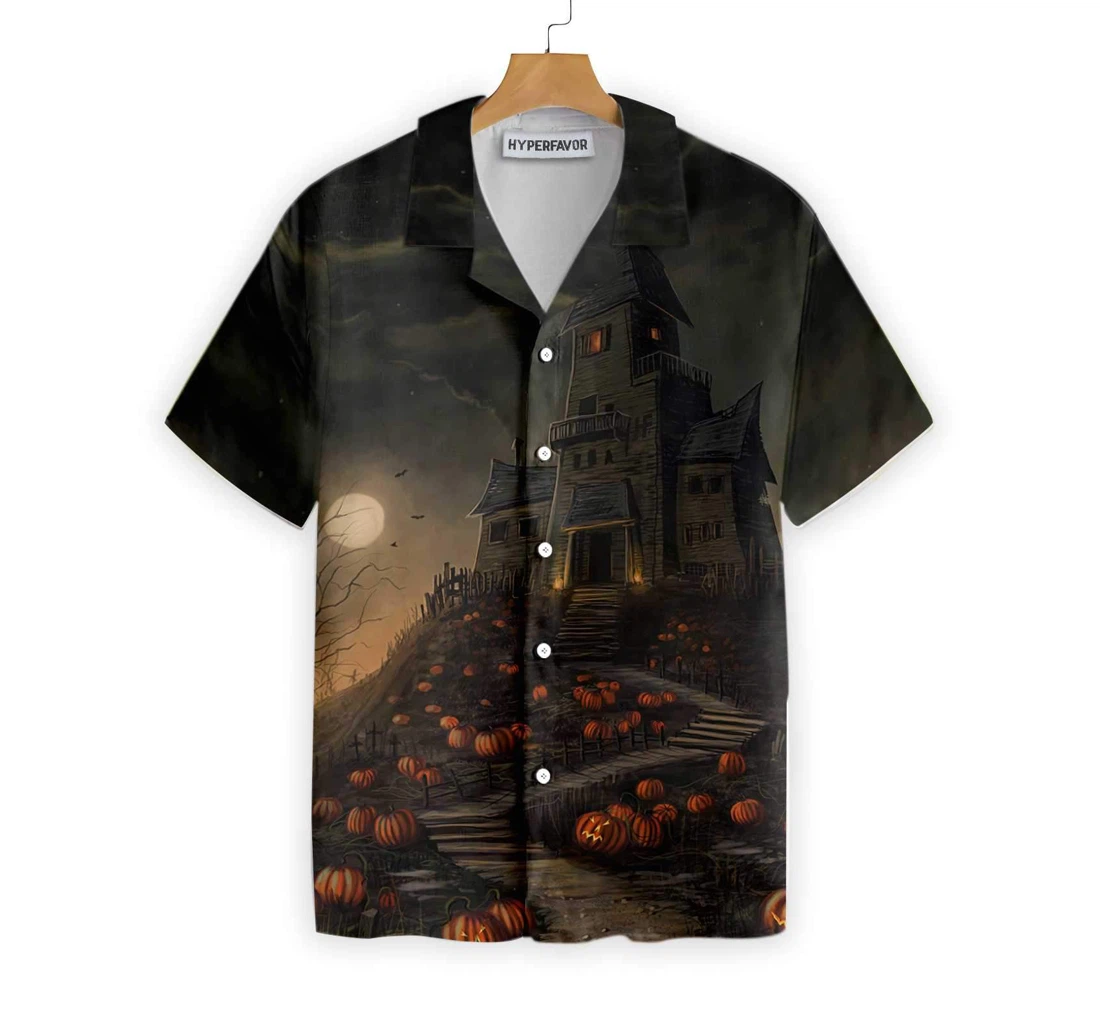 Halloween Haunted House On The Hill With Pumpkin Moon Haunted Jack-o'-lantern Hawaiian Shirt, Button Up Aloha Shirt For Men, Women