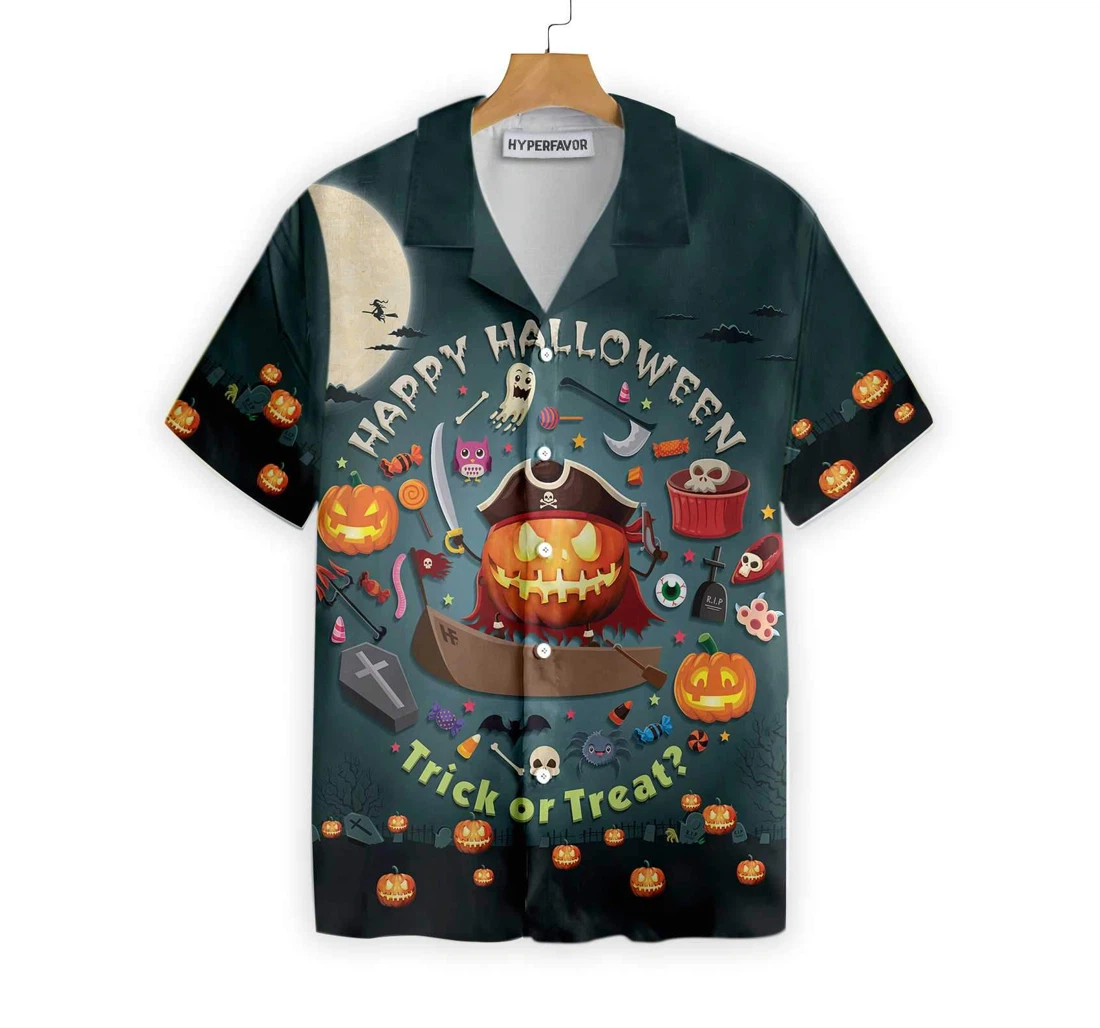 Halloween Pumpkin Pirate Halloween Trick Or Treat Candy Cute Jack-o'-lantern Hawaiian Shirt, Button Up Aloha Shirt For Men, Women