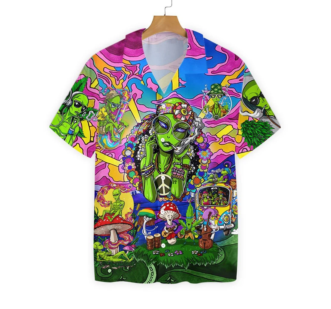 Hippie Alien Hawaiian Shirt, Button Up Aloha Shirt For Men, Women