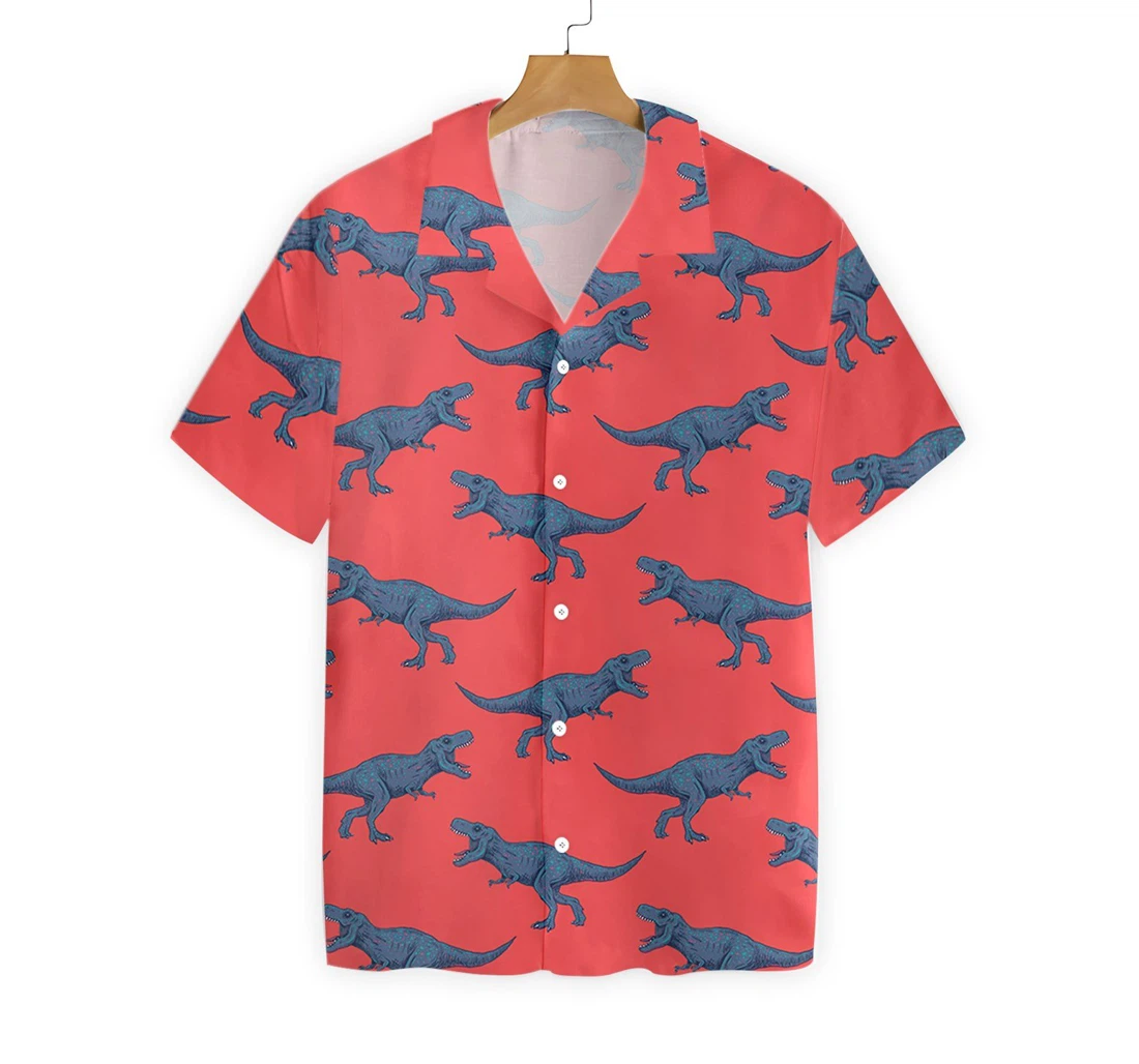 T-rex Pattern Red Blue Dinosaur Hawaiian Shirt, Button Up Aloha Shirt For Men, Women