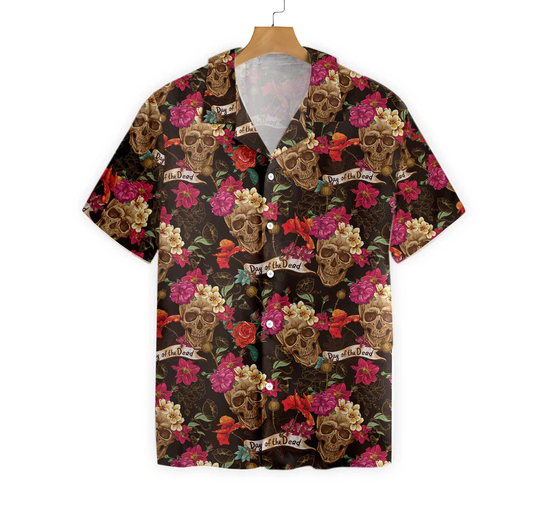 Skull And Flowers Day Of Dead Hawaiian Shirt, Button Up Aloha Shirt For Men, Women