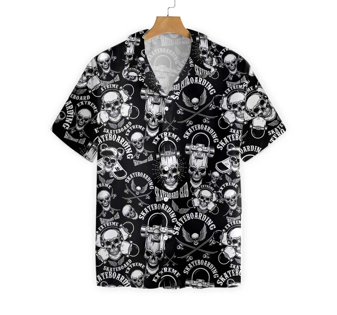 Skateboard Emblems In Monochrome Style Hawaiian Shirt, Button Up Aloha Shirt For Men, Women