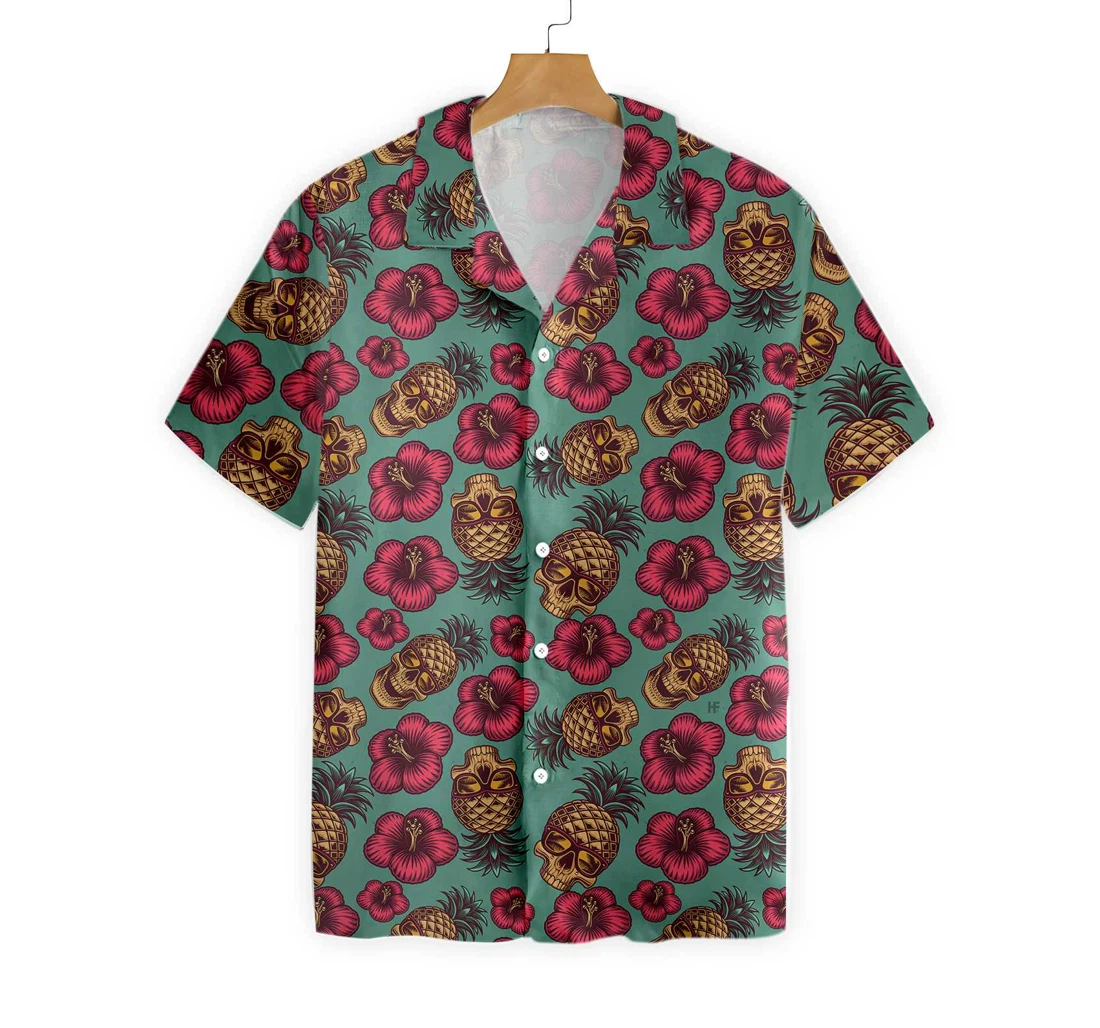 Retro Pineapple Skull Pattern Hawaiian Shirt, Button Up Aloha Shirt For Men, Women