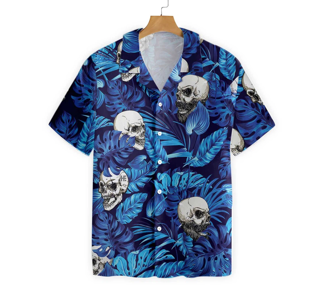 Blue And Skull Hawaiian Shirt, Button Up Aloha Shirt For Men, Women