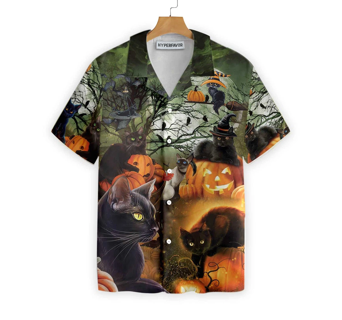 Black Cat & The Pumpkin Halloween Halloween And Hawaiian Shirt, Button Up Aloha Shirt For Men, Women