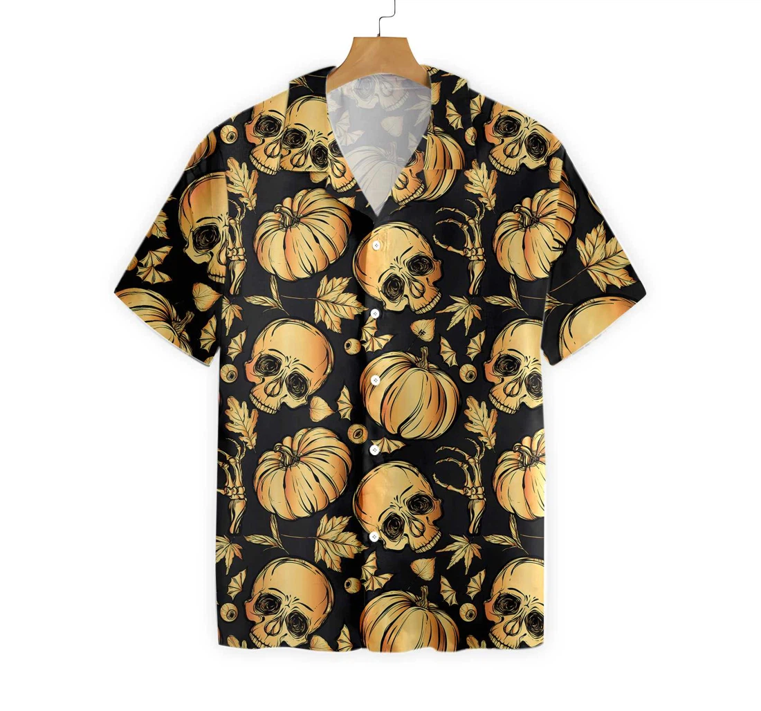 Pumpkin & Skull Halloween Hawaiian Shirt, Button Up Aloha Shirt For Men, Women