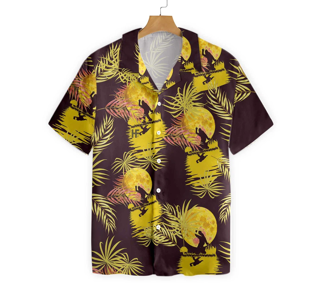 Bigfoot Yellow Moon Bigfoot Purple And Yellow Dancing In The Moonlight Bigfoot Hawaiian Shirt, Button Up Aloha Shirt For Men, Women