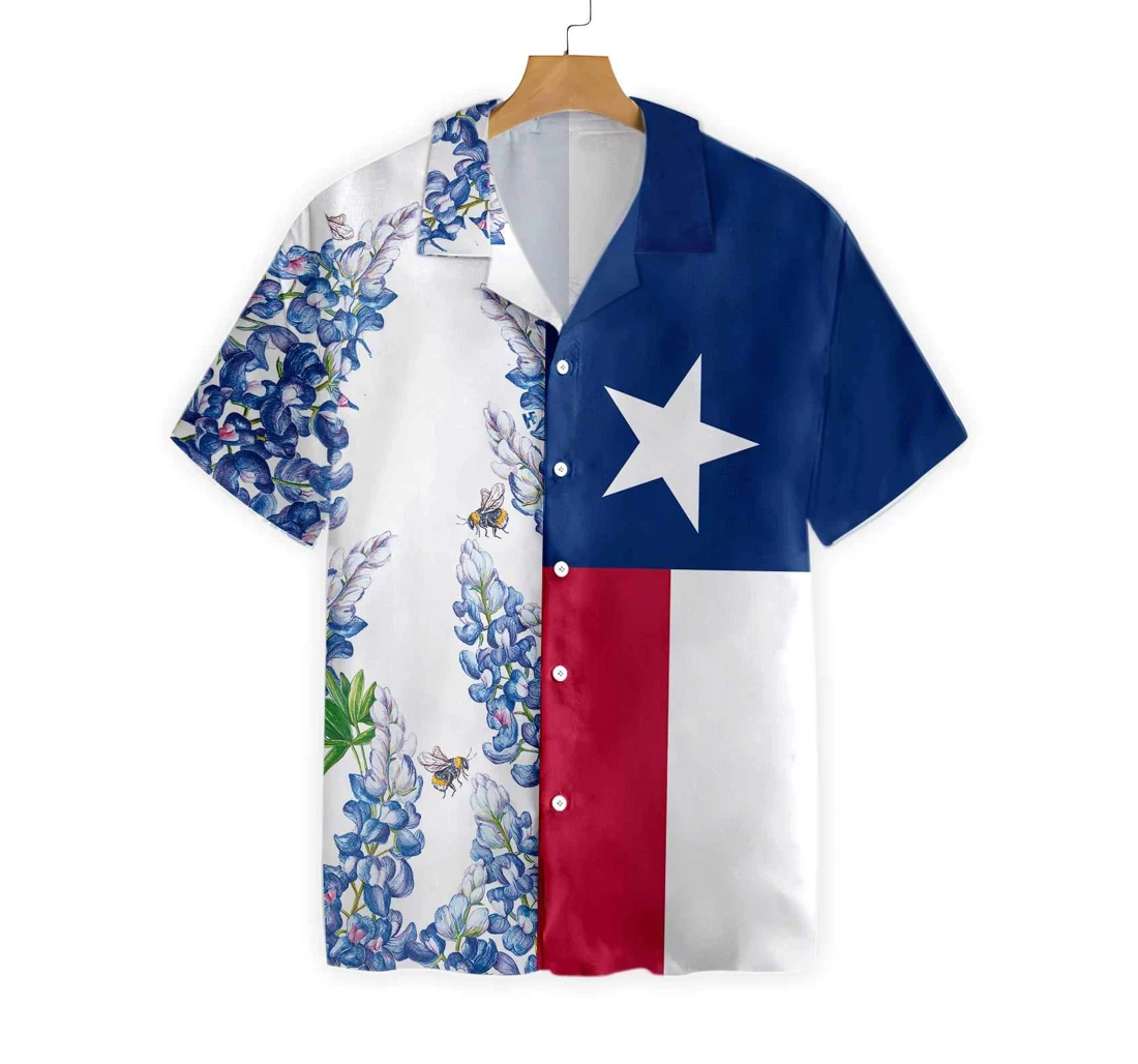 Royal Blue Bluebonnet Texas Texas Flag Vertical Version Italic Star, Proud Texas Hawaiian Shirt, Button Up Aloha Shirt For Men, Women