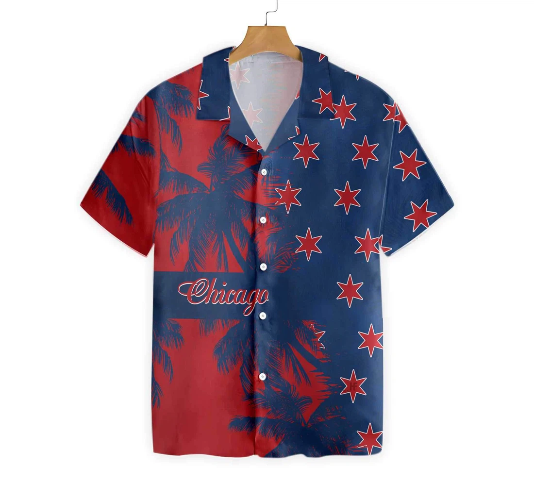 Red & Blue Chicago Hawaiian Shirt, Button Up Aloha Shirt For Men, Women