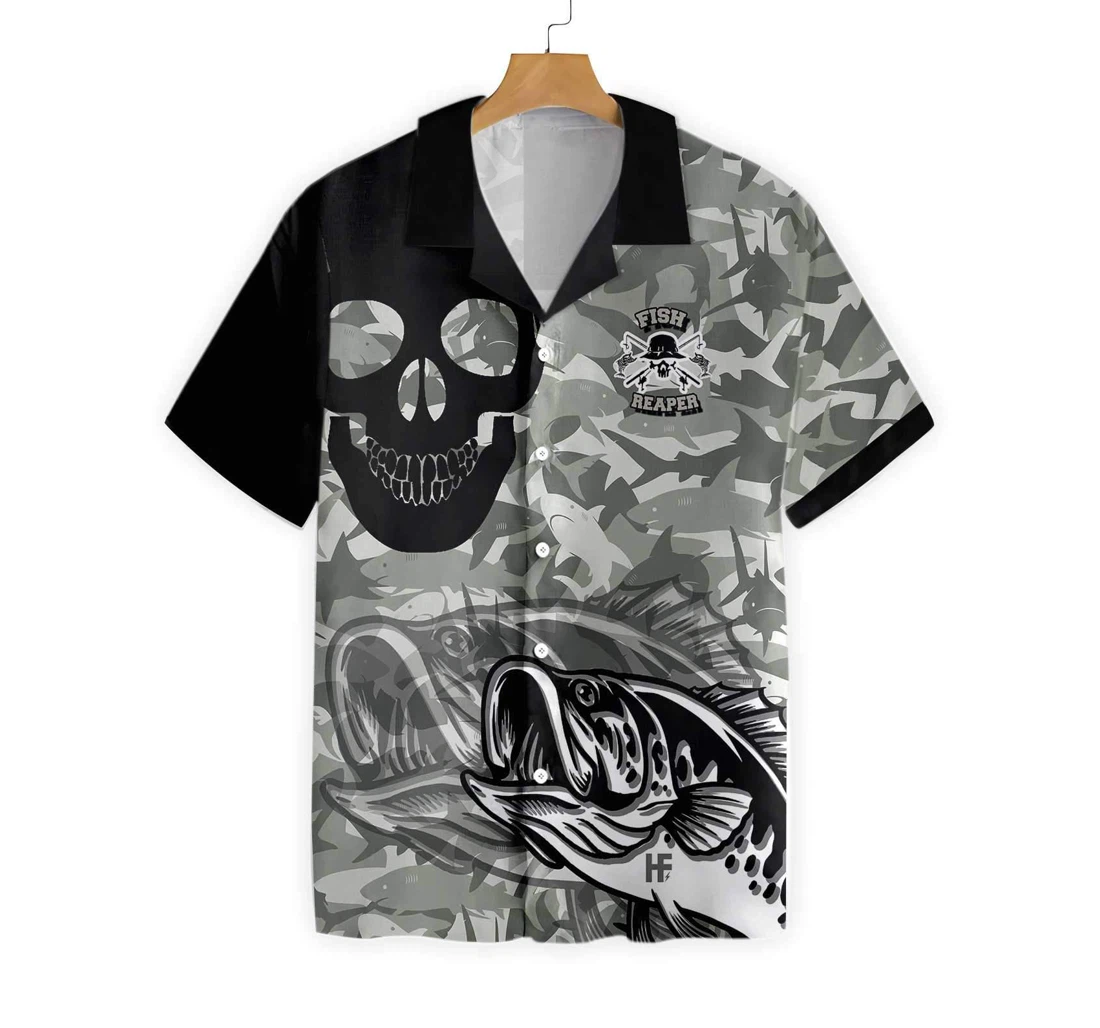 Eat Sleep Fishing Repeat Skull Camouflage Hawaiian Shirt, Button Up Aloha Shirt For Men, Women