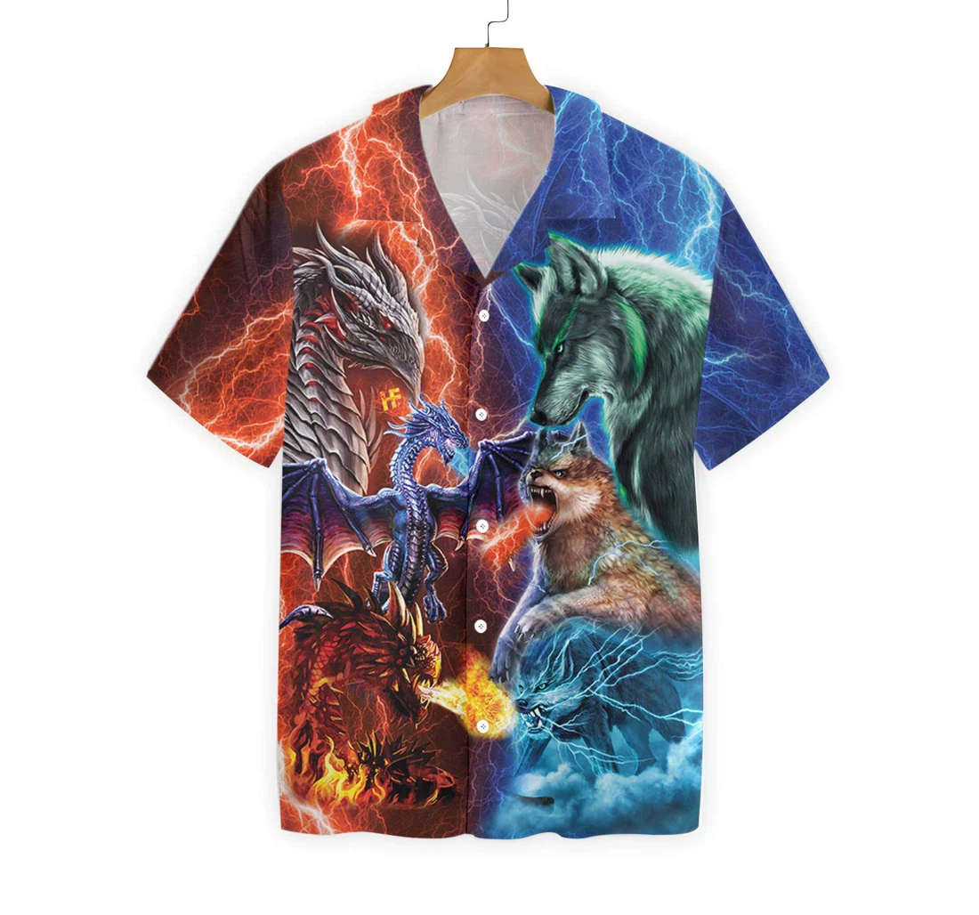 Dragon Vs Wolves Hawaiian Shirt, Button Up Aloha Shirt For Men, Women