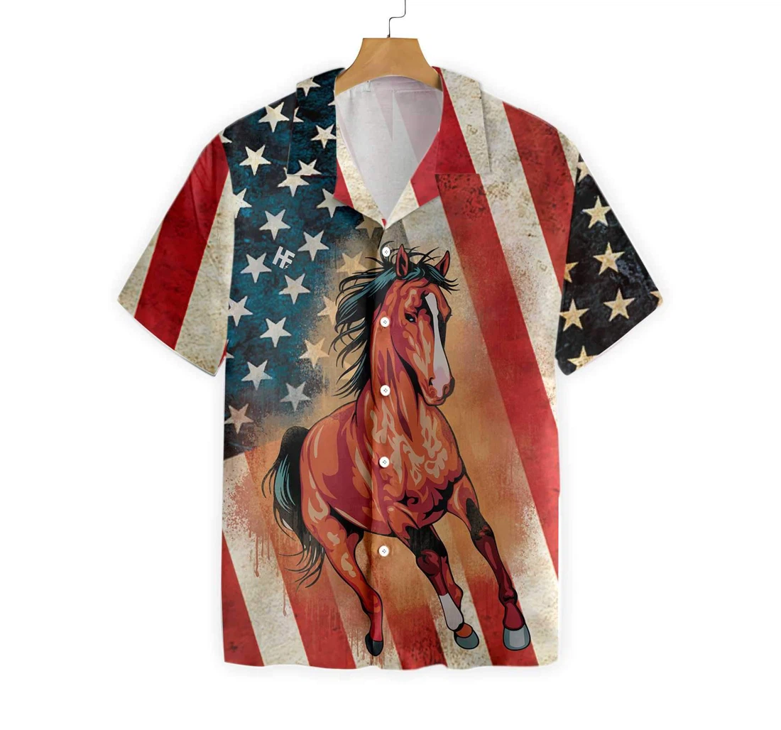 Horse American Flag Hawaiian Shirt, Button Up Aloha Shirt For Men, Women