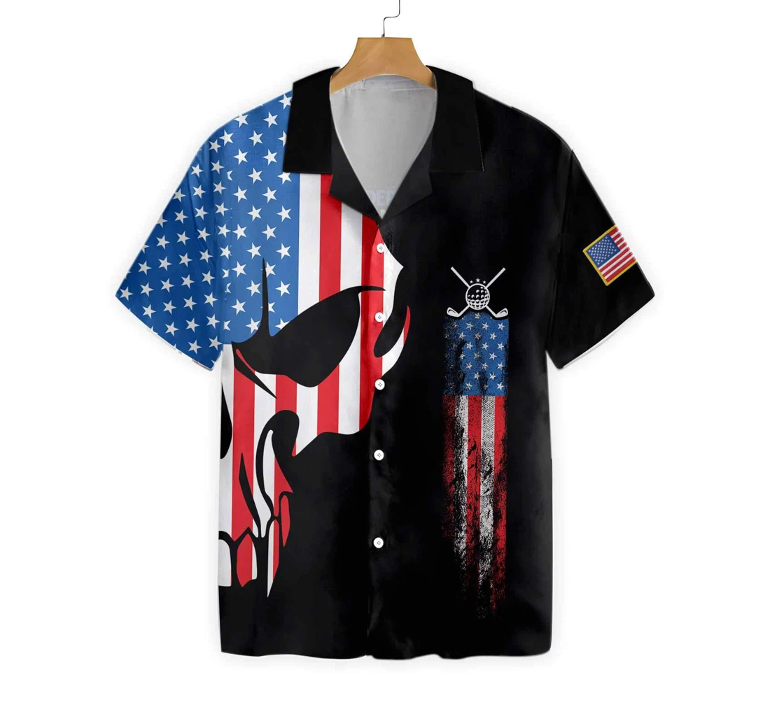 Skull Golf With American Flag Hawaiian Shirt, Button Up Aloha Shirt For Men, Women