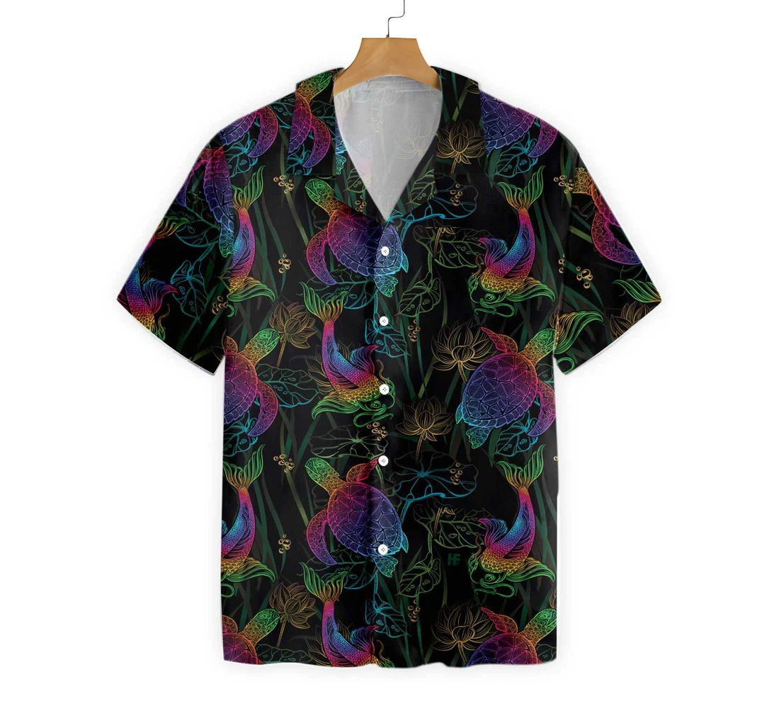 Koi, Lotus And Turtle Hawaiian Shirt, Button Up Aloha Shirt For Men, Women