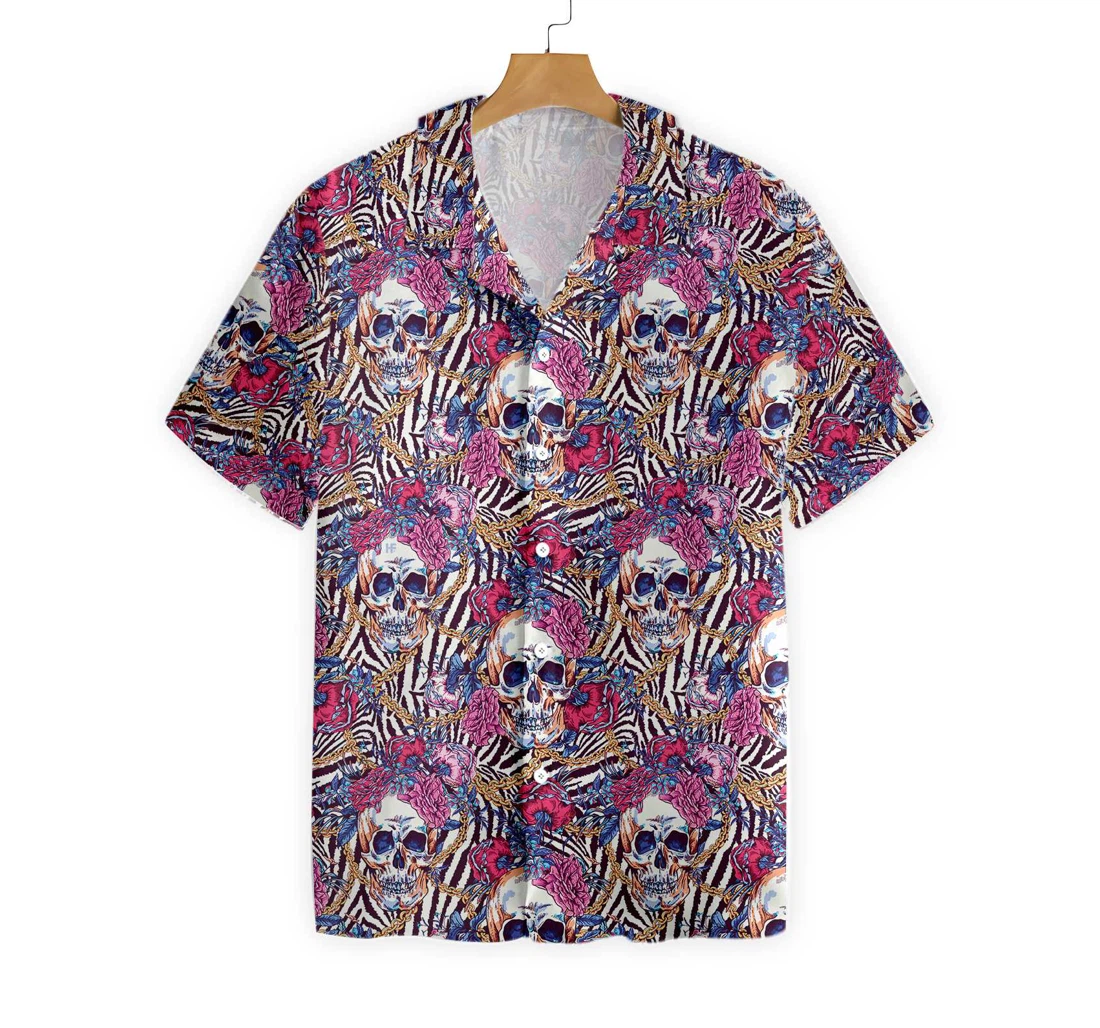 Skull With Roses On Zebra Background Hawaiian Shirt, Button Up Aloha Shirt For Men, Women