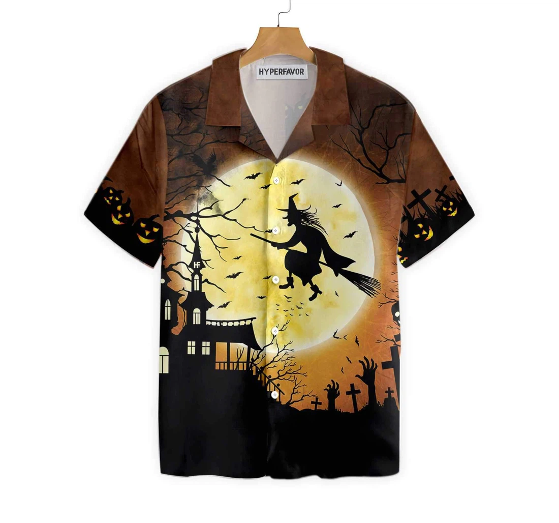 Halloween Night Flying Witch Over A Castle Moon Pumpkin Graveyard Zombie Hawaiian Shirt, Button Up Aloha Shirt For Men, Women