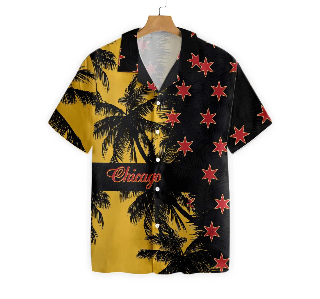 Black & Yellow Chicago Hawaiian Shirt, Button Up Aloha Shirt For Men, Women