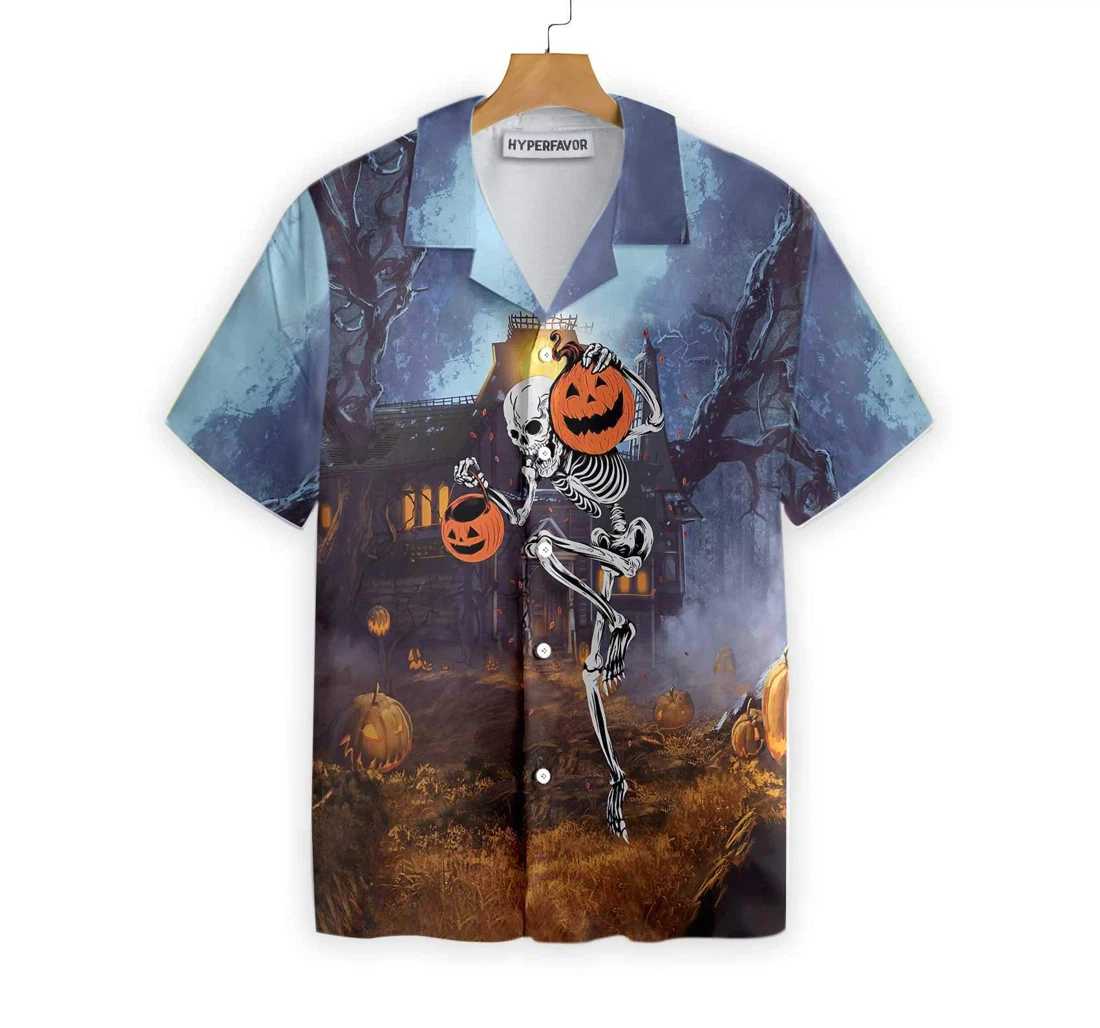 Skeleton Knows How Dance Halloween Spooky Pumpkin Hawaiian Shirt, Button Up Aloha Shirt For Men, Women