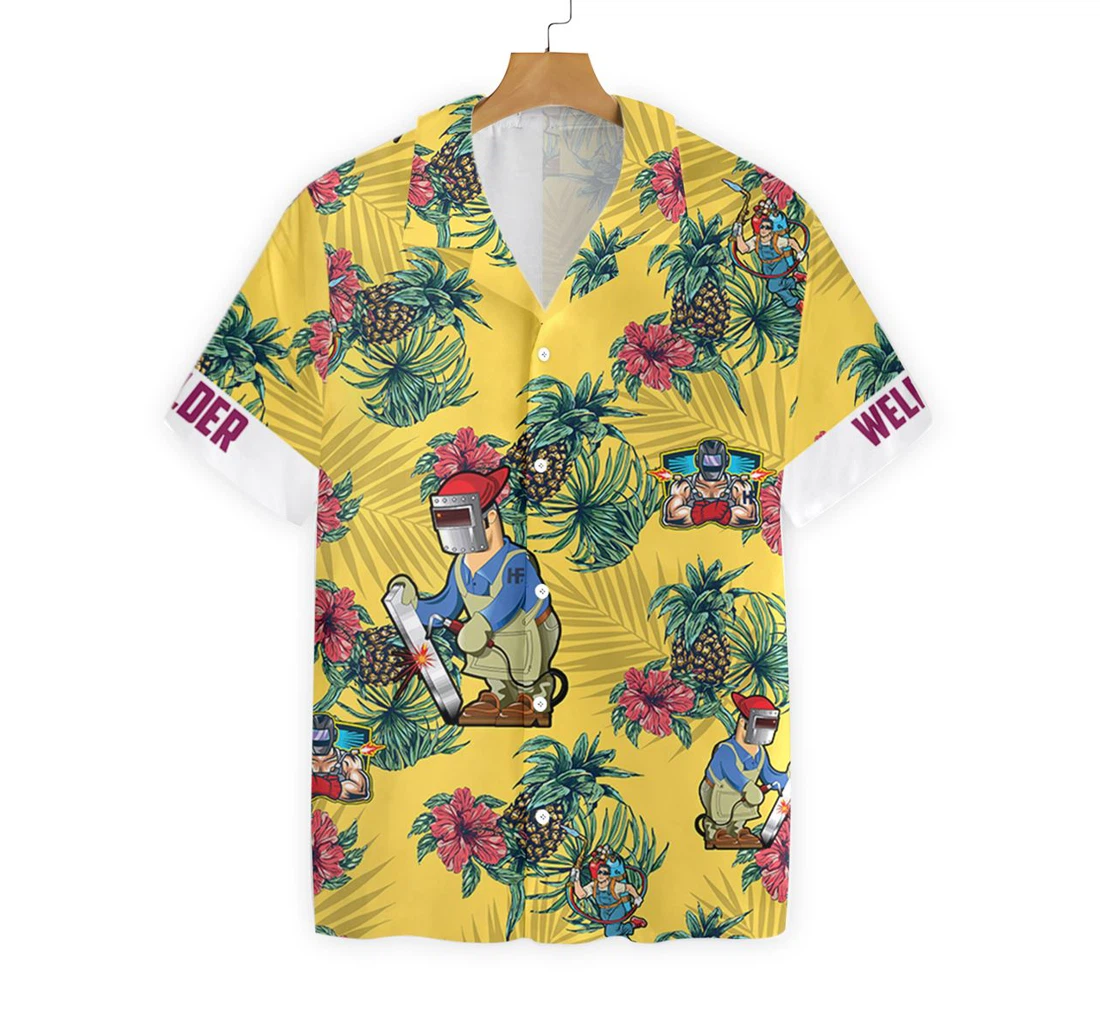 Welder Pineapple Seamless Pattern Hawaiian Shirt, Button Up Aloha Shirt For Men, Women