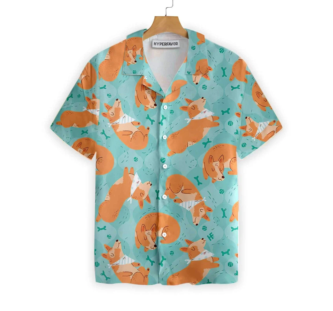 Sleeping Corgi Dreams About Bones Hawaiian Shirt, Button Up Aloha Shirt For Men, Women