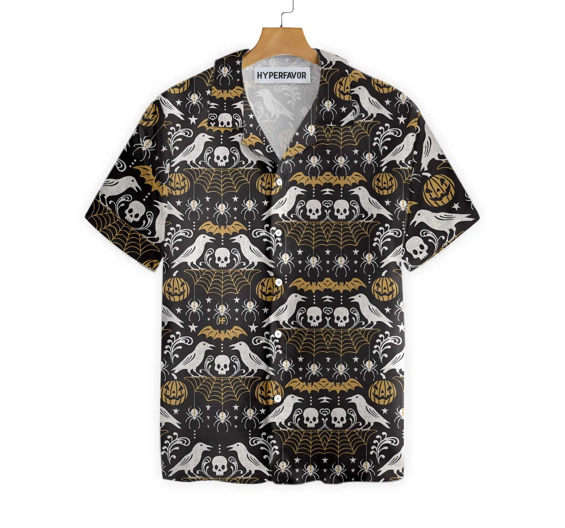 Halloween Eve Black , Pumpkin Bat Crow Spider Web Skull Hawaiian Shirt, Button Up Aloha Shirt For Men, Women