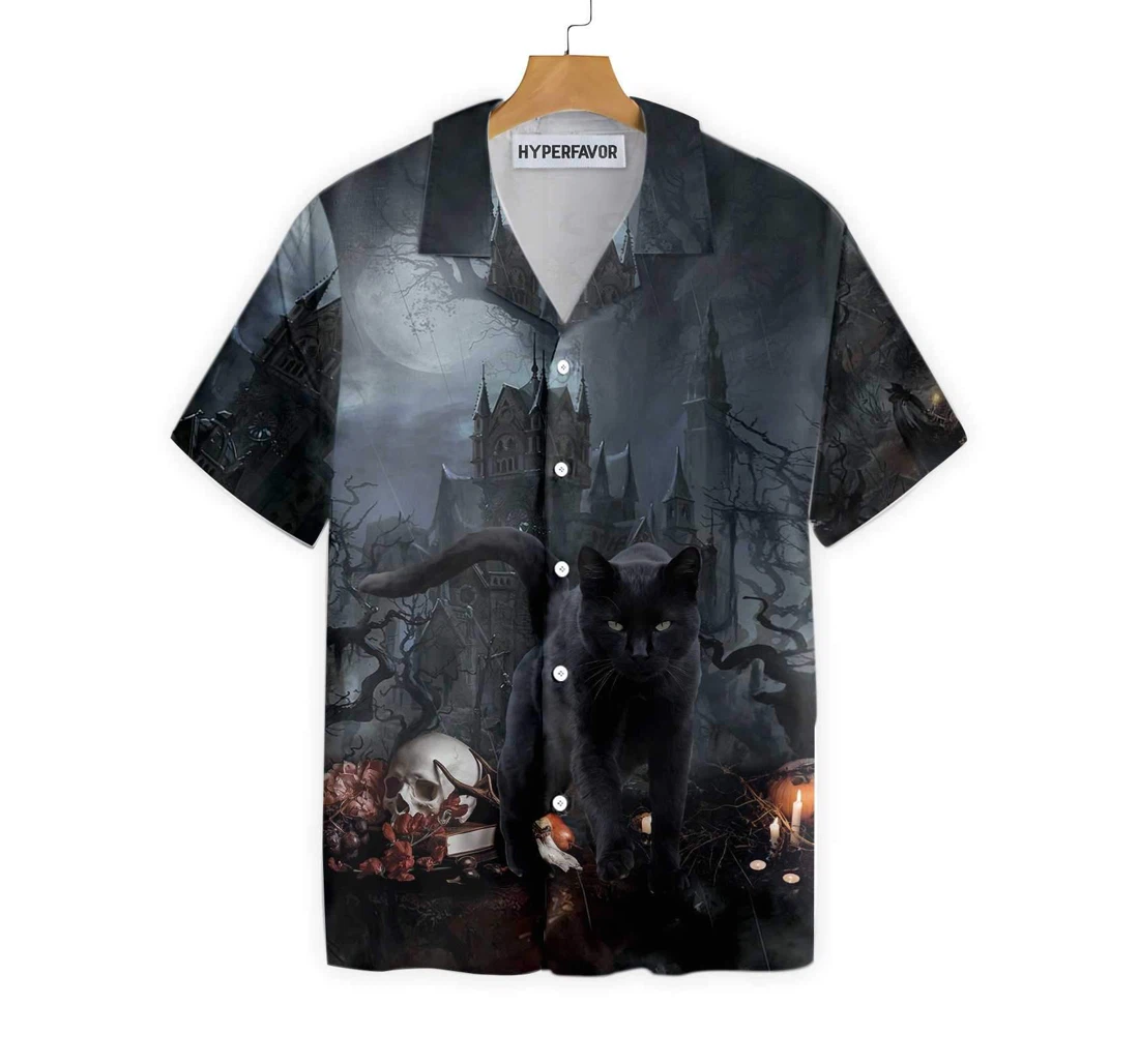 Black Cat In Spooky Halloween Halloween And Hawaiian Shirt, Button Up Aloha Shirt For Men, Women